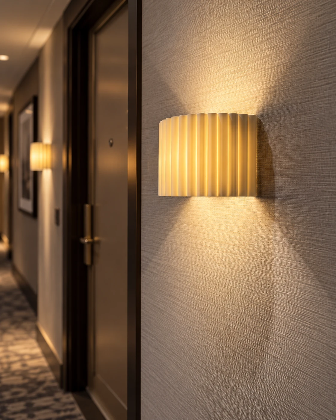A custom wall-mounted lampshade in a hotel corridor.