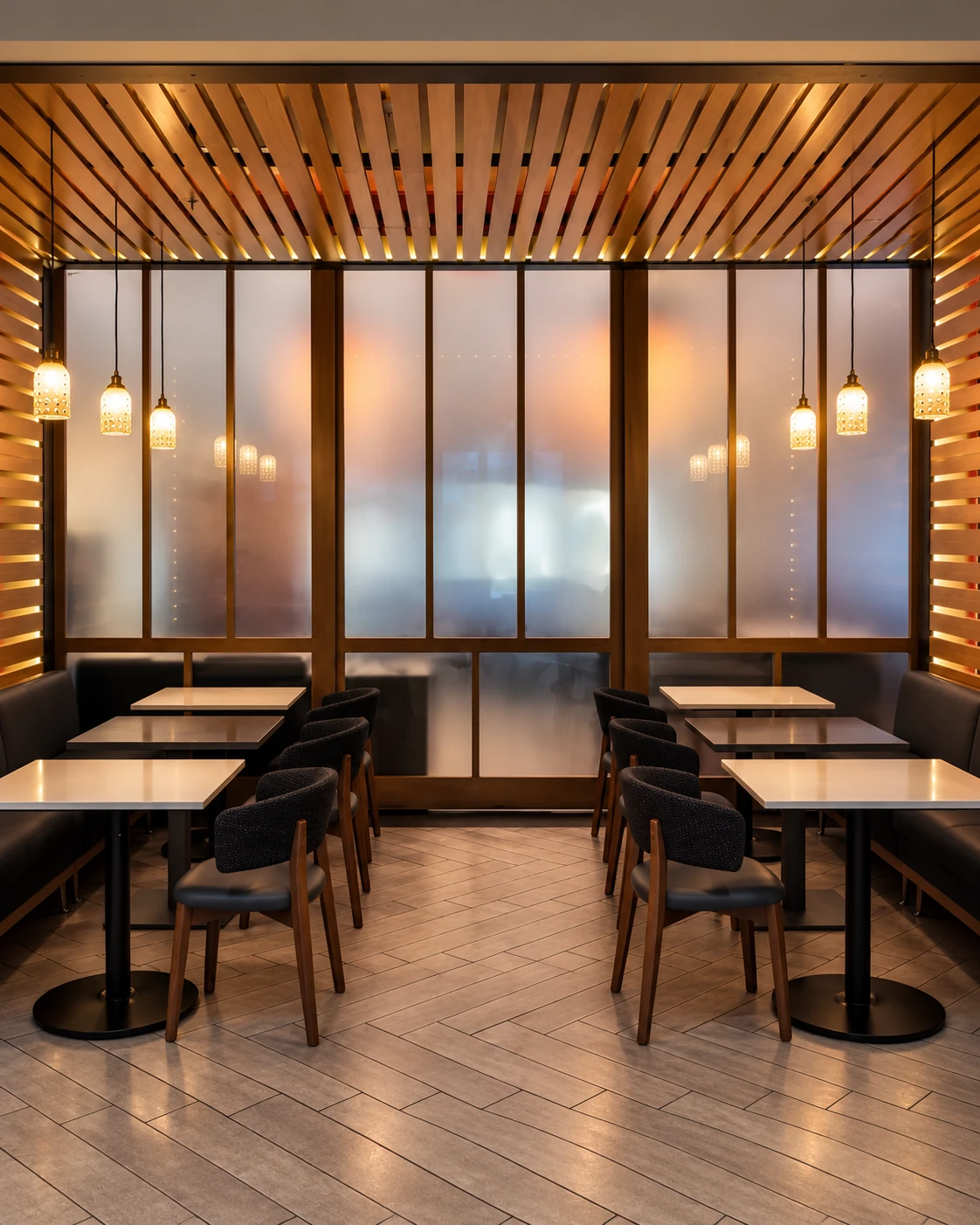 Custom pendant lampshades in a lobby and lounge setting.