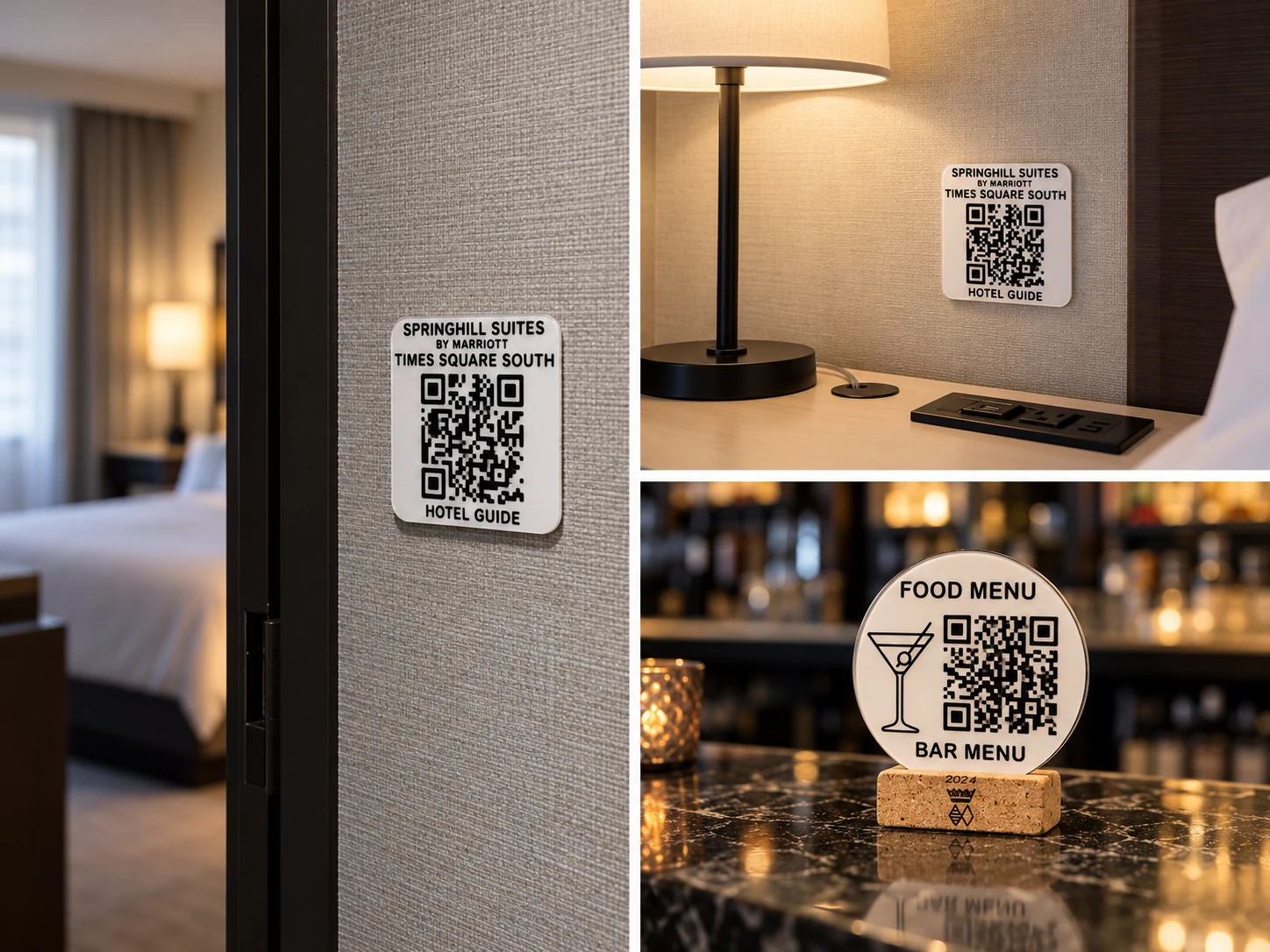 Custom wall plaques and a tabletop menu display in hospitality settings.