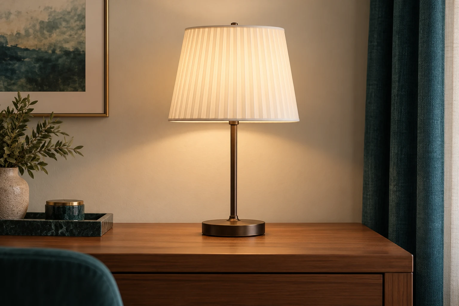 Desk lamp with a custom ivory pleated lampshade.