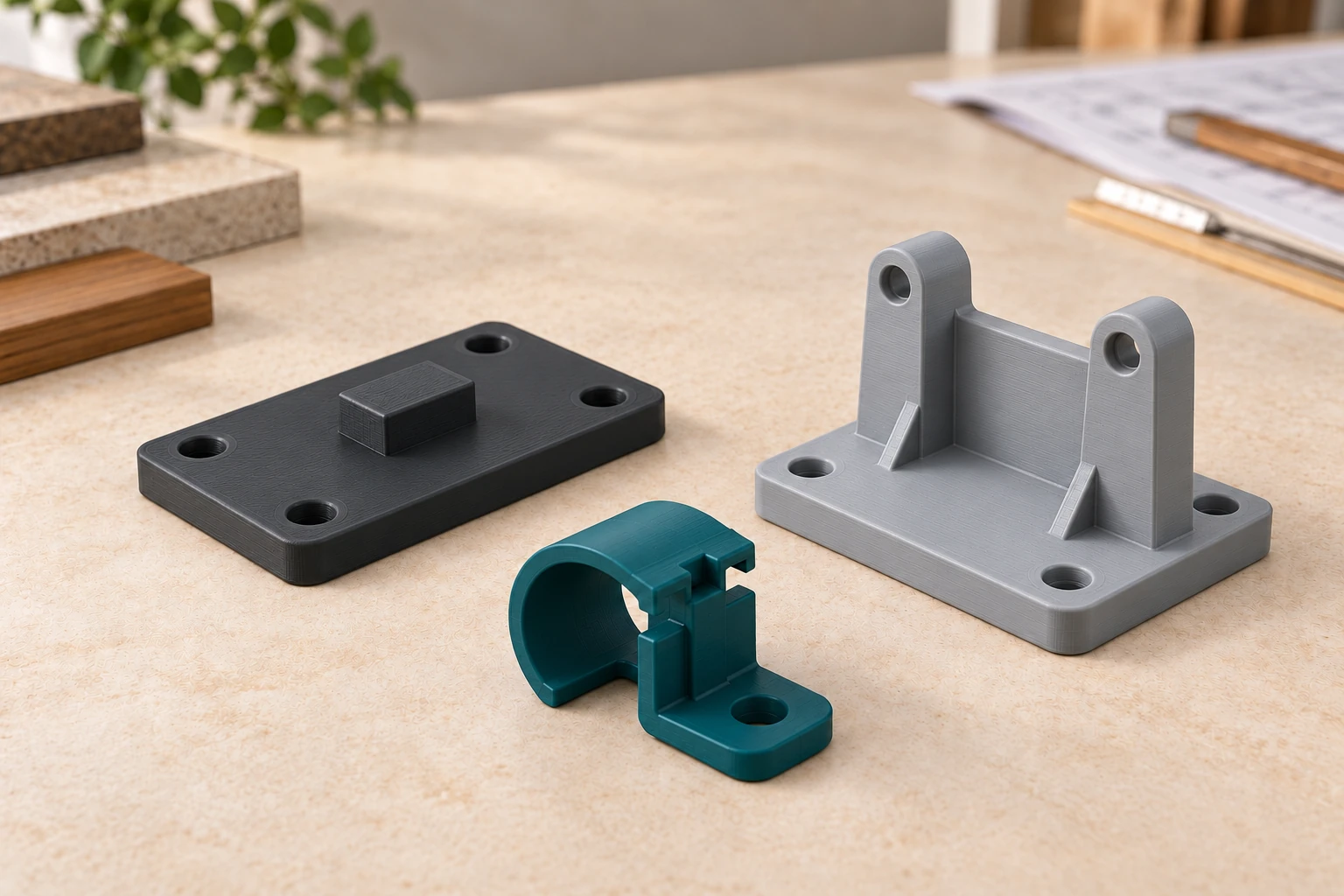 Custom flat mounting plate, gray bracket, and teal retaining clip.