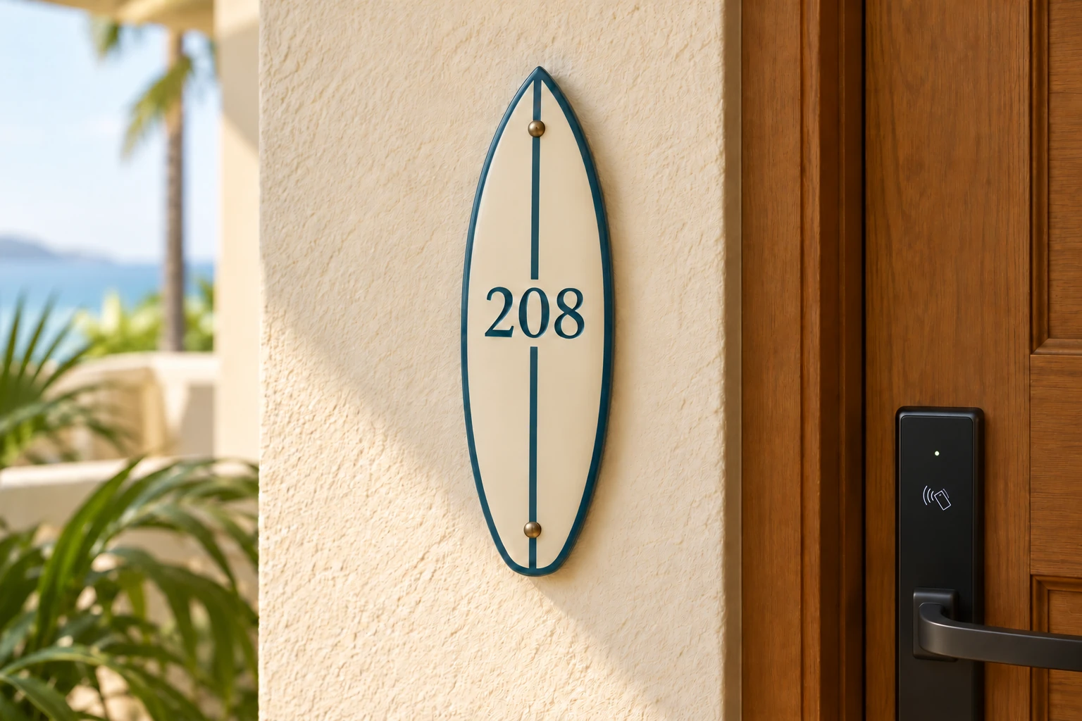 Surfboard-shaped room-number plaque marked 208.